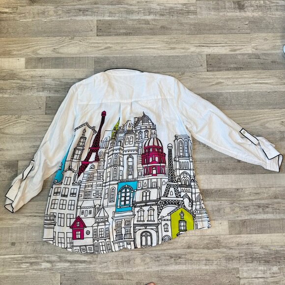 John Mark Eiffel Tower City Scene button down top size large L37 - Picture 5 of 5